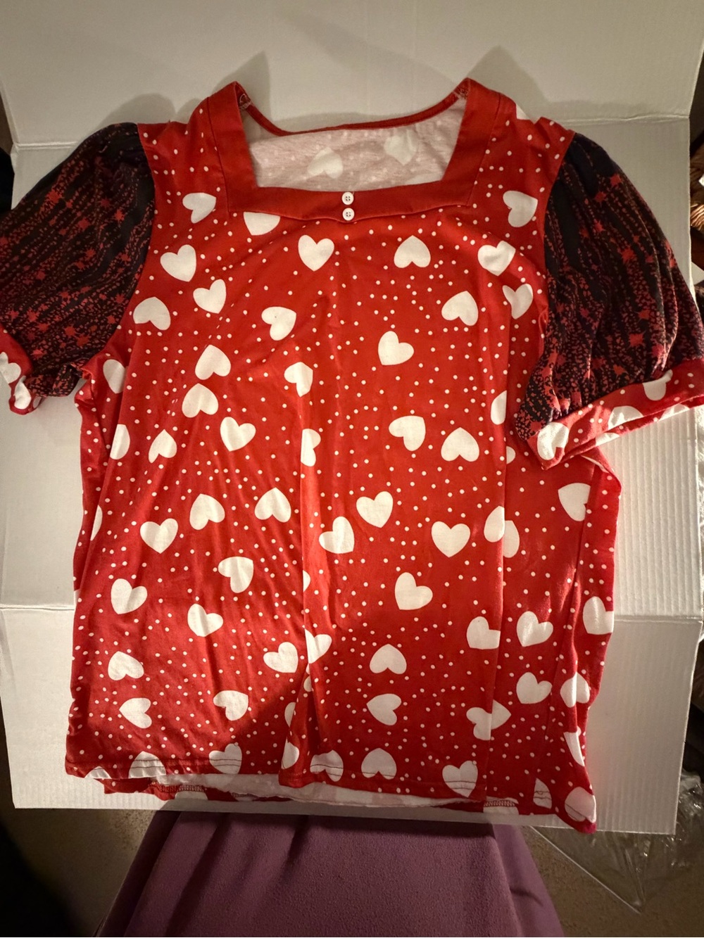 Women’s Red Heart-Print Top with Puff Sleeves